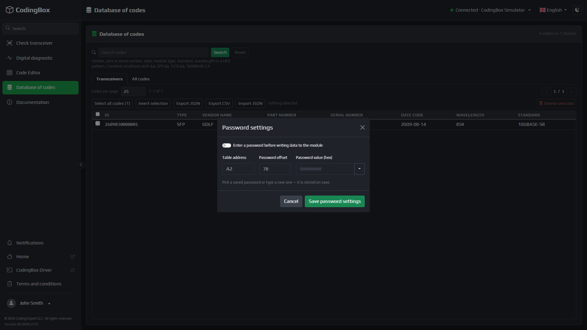 CodingBox — Password settings